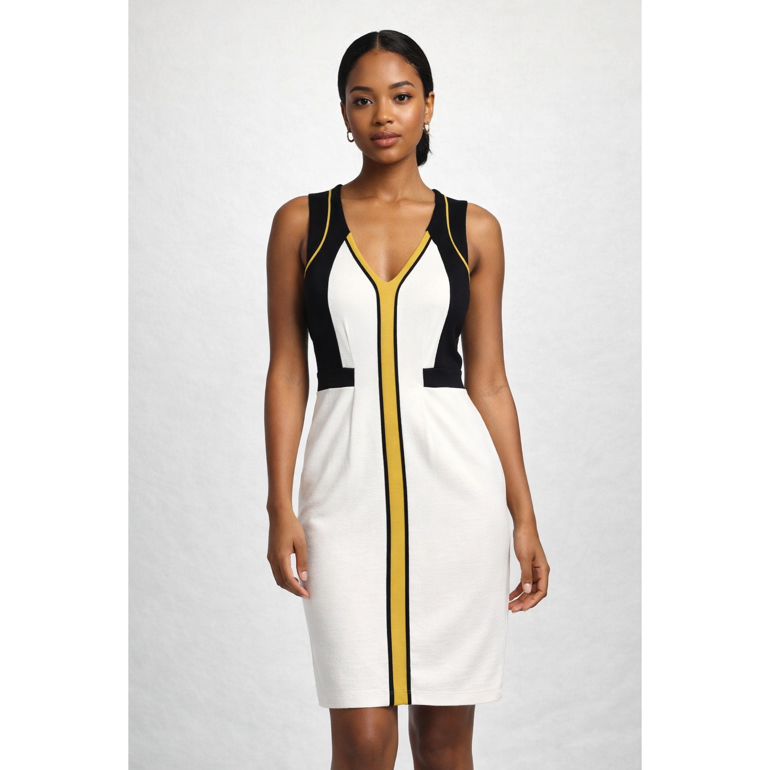 French Connection Colorblock Dress White Black Yellow V-Neck Size Us 6